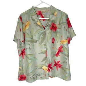 Linden Hill XL Sage Green Silk Button‎ Up Shirt Tropical Floral Short Sleeve